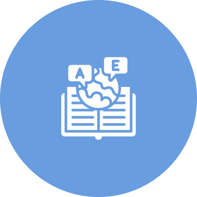 Language learning icon on blue background.