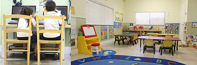 A room with a table, chair and whiteboard.